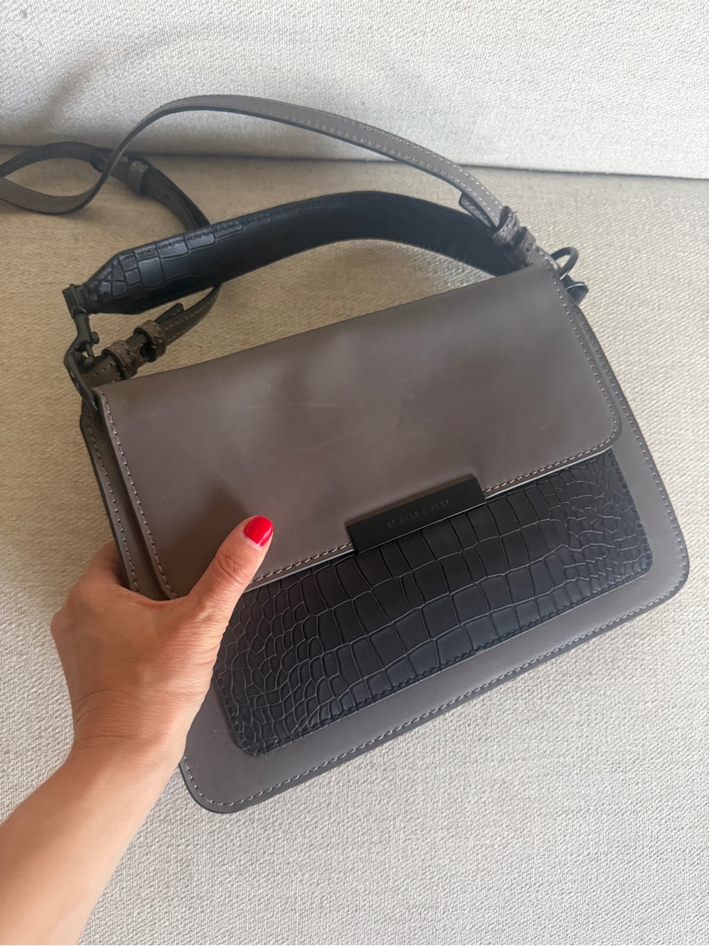 Structured Gray Leather Crossbody Bag with Black Croc Accent